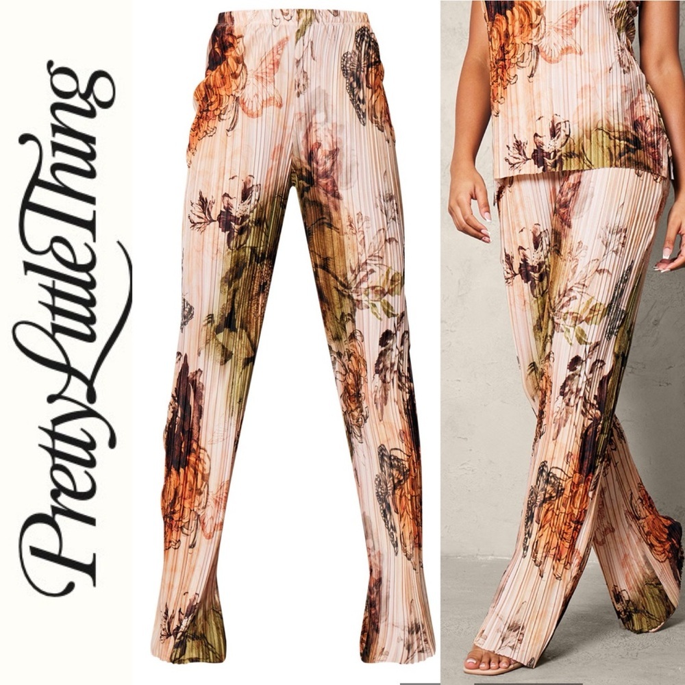 NEW PrettyLittleThing NUDE FLORAL PRINTED PLISSE MID RISE WIDE LEG PANTS 6